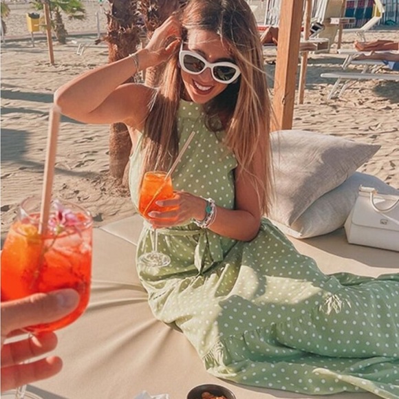 Polka Dot Print Maxi Dress Tie Belt High Neck White Green Long Flared Halter - Picture 10 of 13